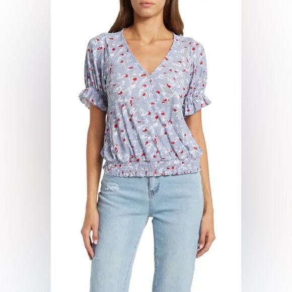 MELLODAY Ruffle Sleeve Faux Wrap Top - Picture 1 of 10